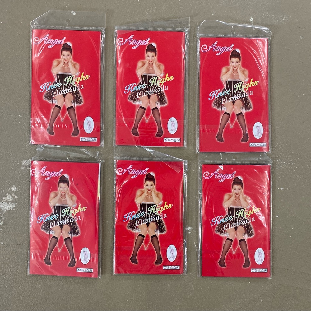 Lot of 6 Vintage Angel Knee High Stockings Black & Off Black One Size NOS